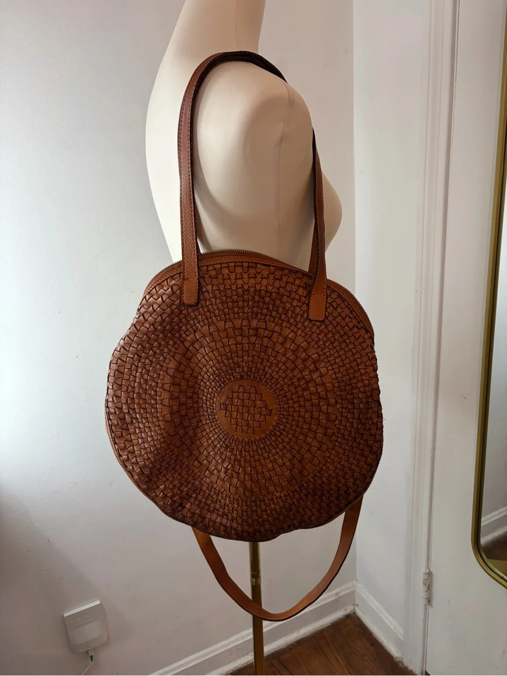 Sundance Woven Round Tote Leather with shoulder Handles Crossbody Cognac Brown